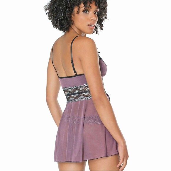 Plus Babydoll Set Women 1x 2x 3x 4x Mauve Mesh and Metallic Lace and Rhinestones - Picture 9 of 10